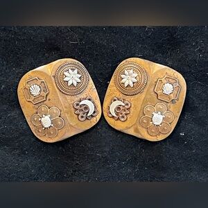 Vintage Marjorie Baer Square Brass Turtle Shell Moon Sun clip on Earrings